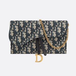 Blue Dior Oblique Jacquard - Small Saddle Pouch with Chain